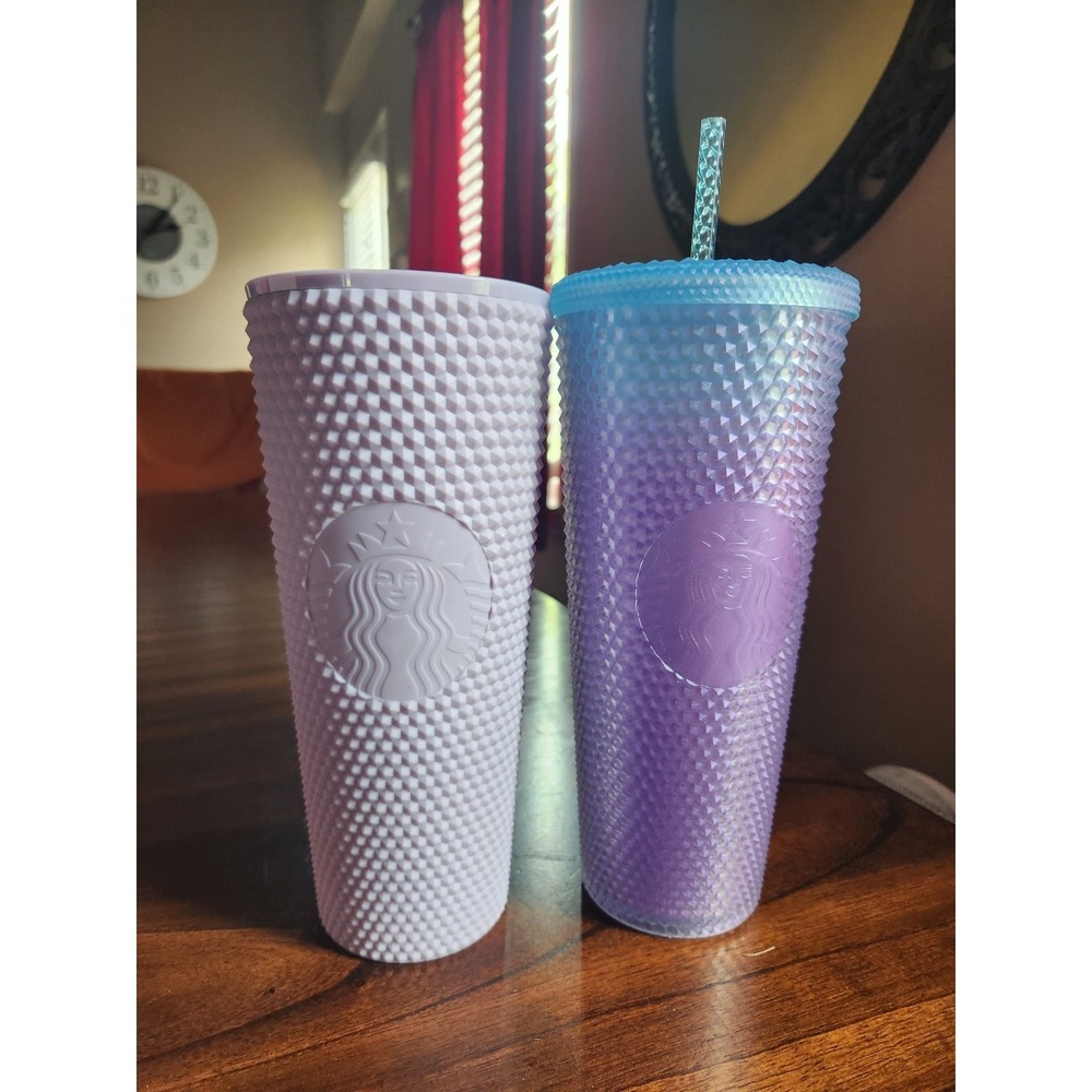 2 Starbucks Studded Cold Cup Tumblers 24oz Venti Ombre purple blue & Matte Lilac